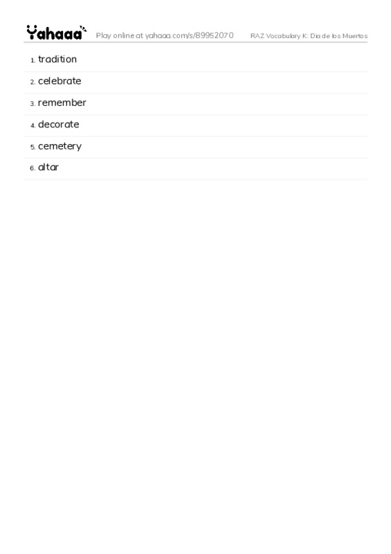 RAZ Vocabulary K: Dia de los Muertos PDF words glossary