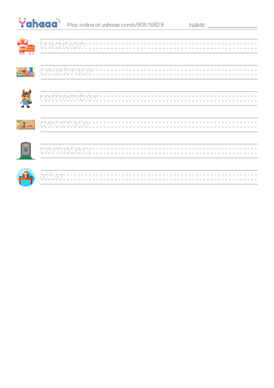 RAZ Vocabulary K: Dia de los Muertos PDF write between the lines worksheet