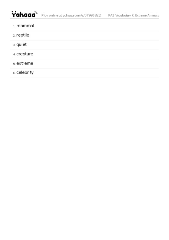 RAZ Vocabulary K: Extreme Animals PDF words glossary
