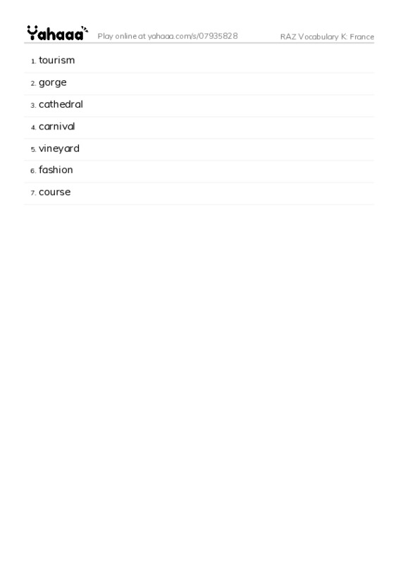 RAZ Vocabulary K: France PDF words glossary