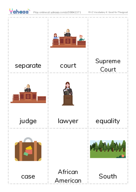 RAZ Vocabulary K: Good for Thurgood PDF flaschards with images
