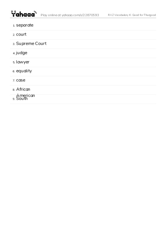 RAZ Vocabulary K: Good for Thurgood PDF words glossary