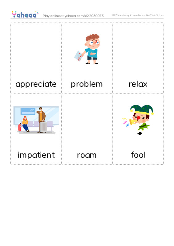 RAZ Vocabulary K: How Zebras Got Their Stripes PDF flaschards with images