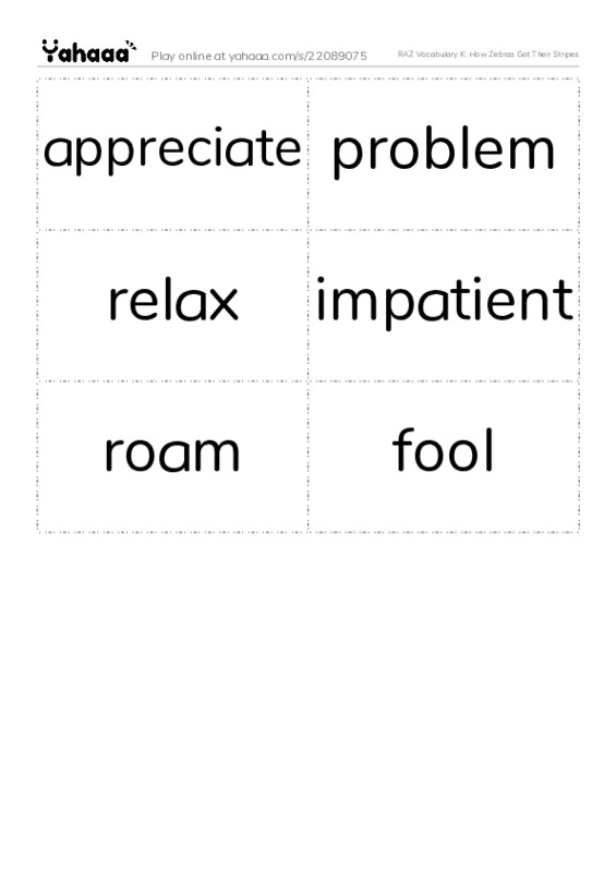 RAZ Vocabulary K: How Zebras Got Their Stripes PDF two columns flashcards