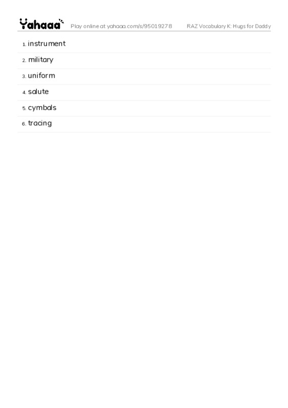 RAZ Vocabulary K: Hugs for Daddy PDF words glossary