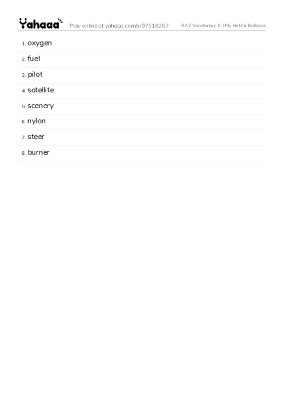 RAZ Vocabulary K: I Fly HotAir Balloons PDF words glossary