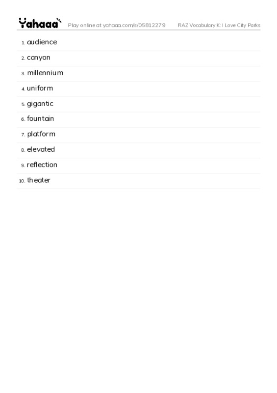 RAZ Vocabulary K: I Love City Parks PDF words glossary