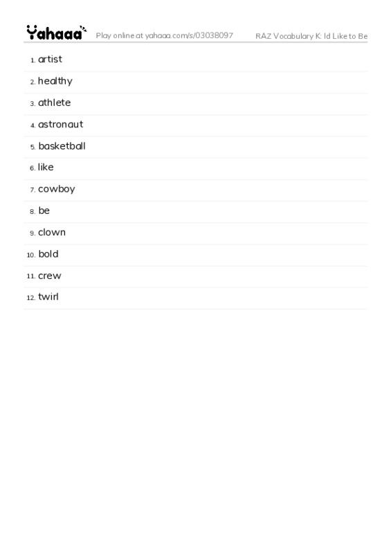 RAZ Vocabulary K: Id Like to Be PDF words glossary