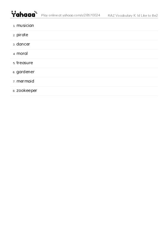RAZ Vocabulary K: Id Like to Be2 PDF words glossary