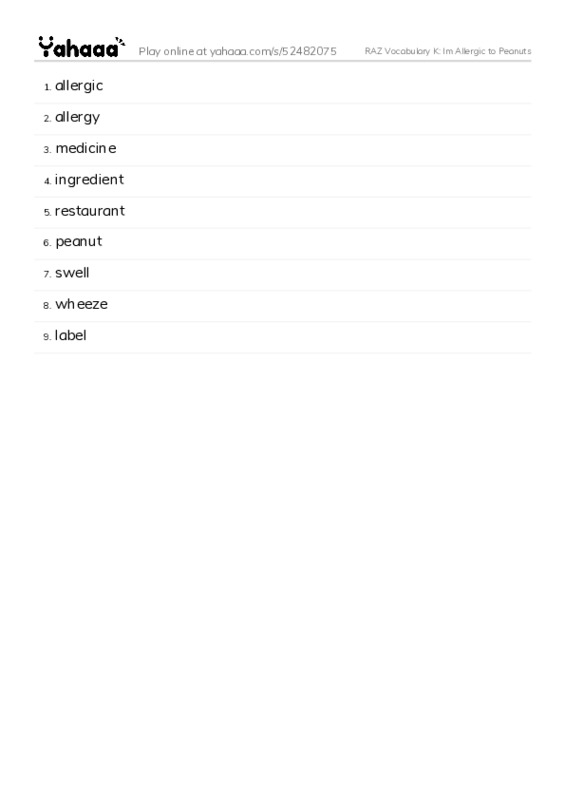 RAZ Vocabulary K: Im Allergic to Peanuts PDF words glossary