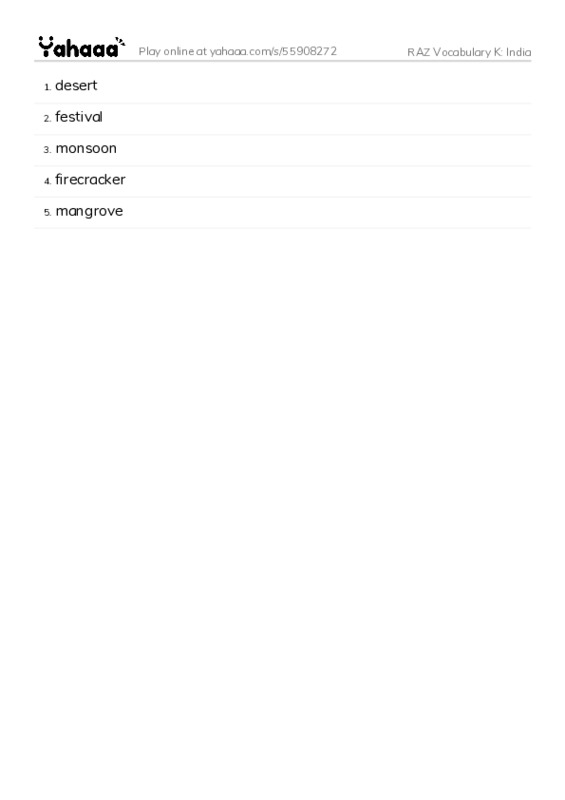 RAZ Vocabulary K: India PDF words glossary