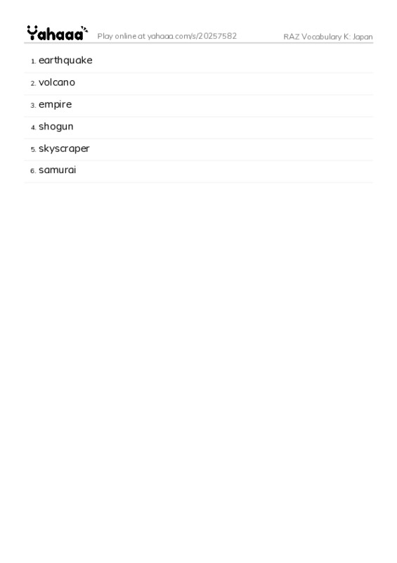 RAZ Vocabulary K: Japan PDF words glossary