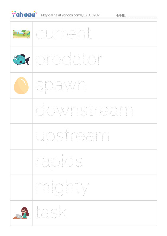 RAZ Vocabulary K: Leap A Salmons Story PDF one column image words