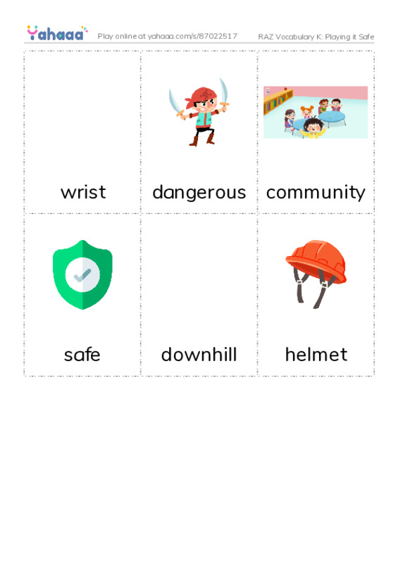 RAZ Vocabulary K: Playing it Safe PDF flaschards with images