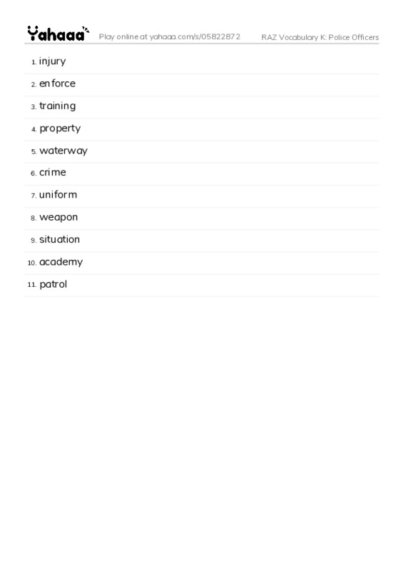 RAZ Vocabulary K: Police Officers PDF words glossary