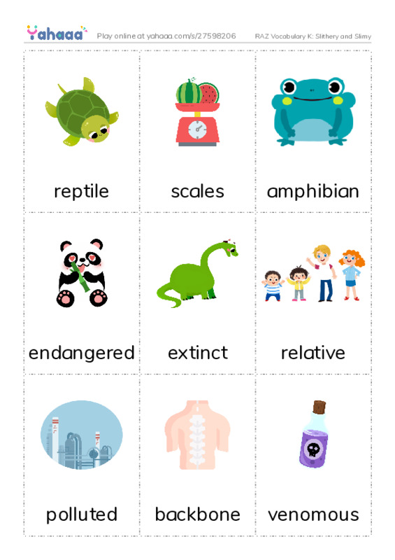RAZ Vocabulary K: Slithery and Slimy PDF flaschards with images