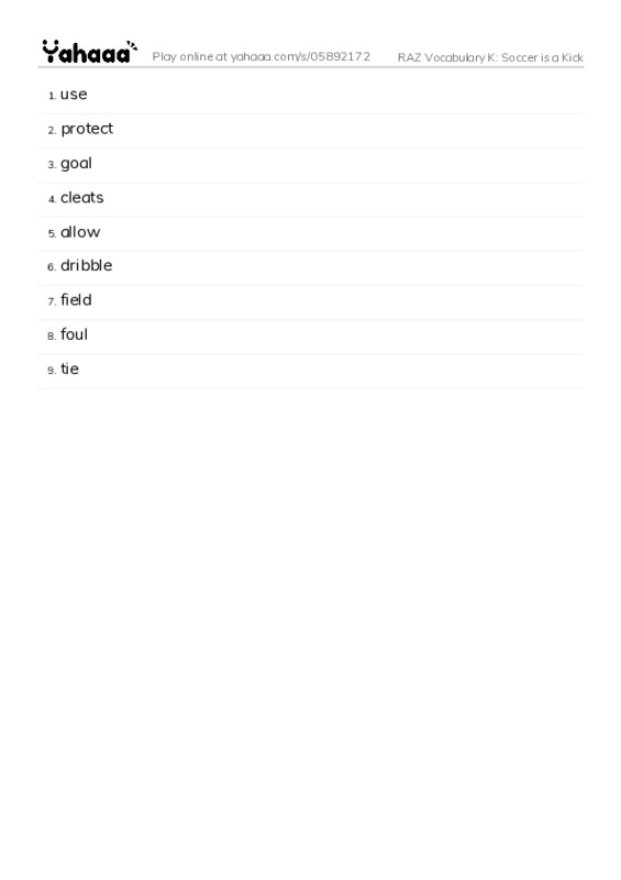 RAZ Vocabulary K: Soccer is a Kick PDF words glossary