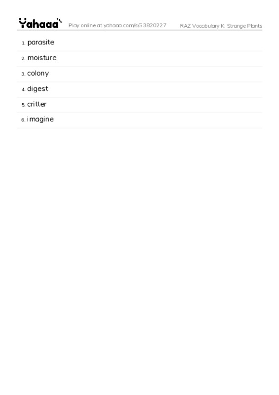 RAZ Vocabulary K: Strange Plants PDF words glossary