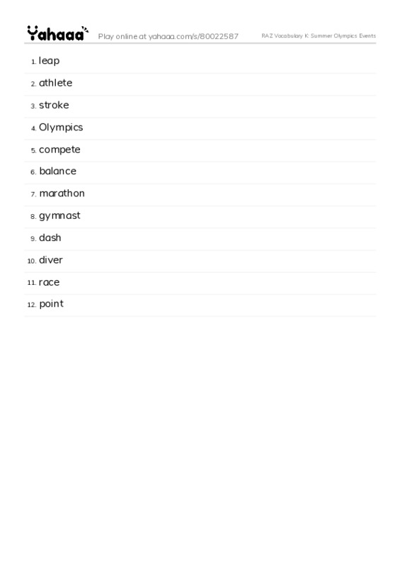 RAZ Vocabulary K: Summer Olympics Events PDF words glossary