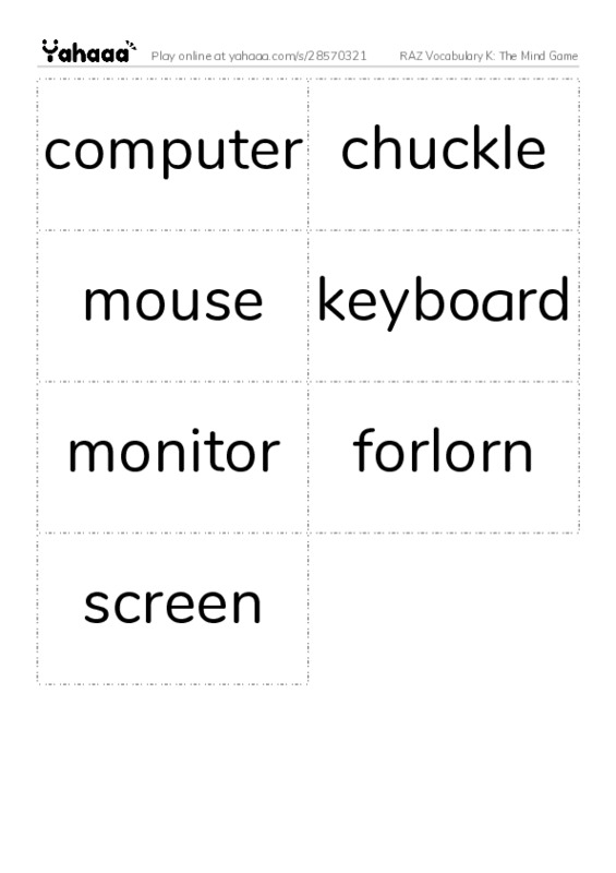 RAZ Vocabulary K: The Mind Game PDF two columns flashcards
