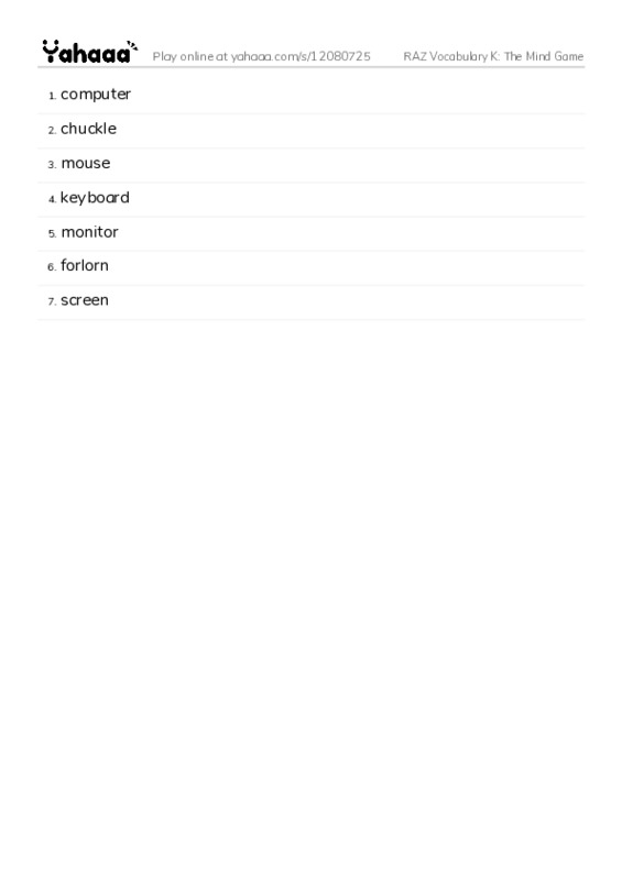 RAZ Vocabulary K: The Mind Game PDF words glossary