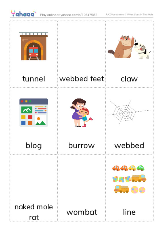 RAZ Vocabulary K: What Lives in This Hole PDF flaschards with images