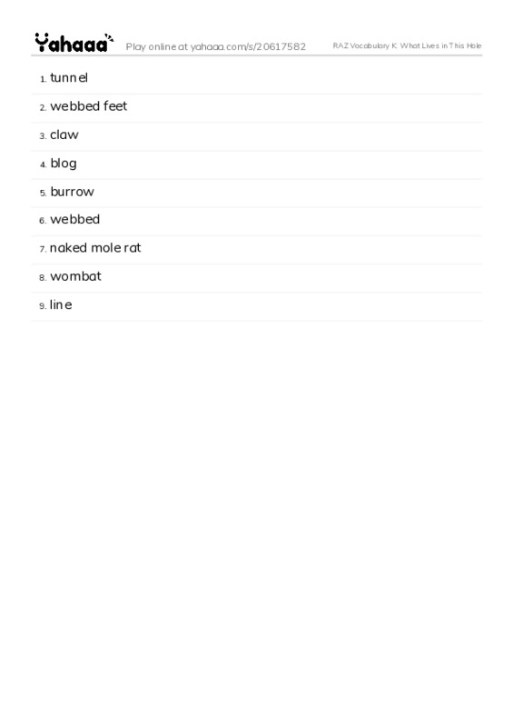 RAZ Vocabulary K: What Lives in This Hole PDF words glossary