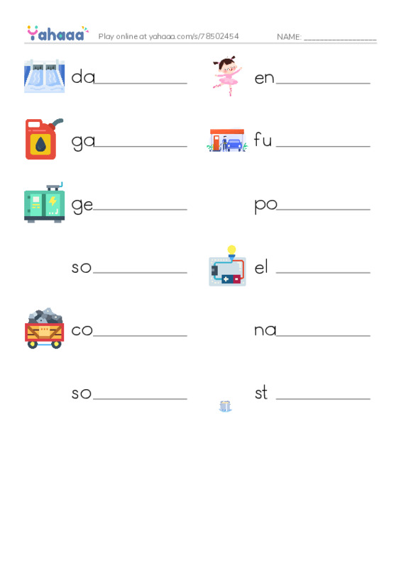 RAZ Vocabulary K: Where We Get Energy PDF worksheet writing row