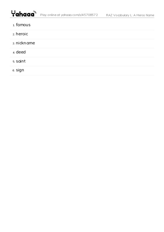 RAZ Vocabulary L: A Heros Name PDF words glossary