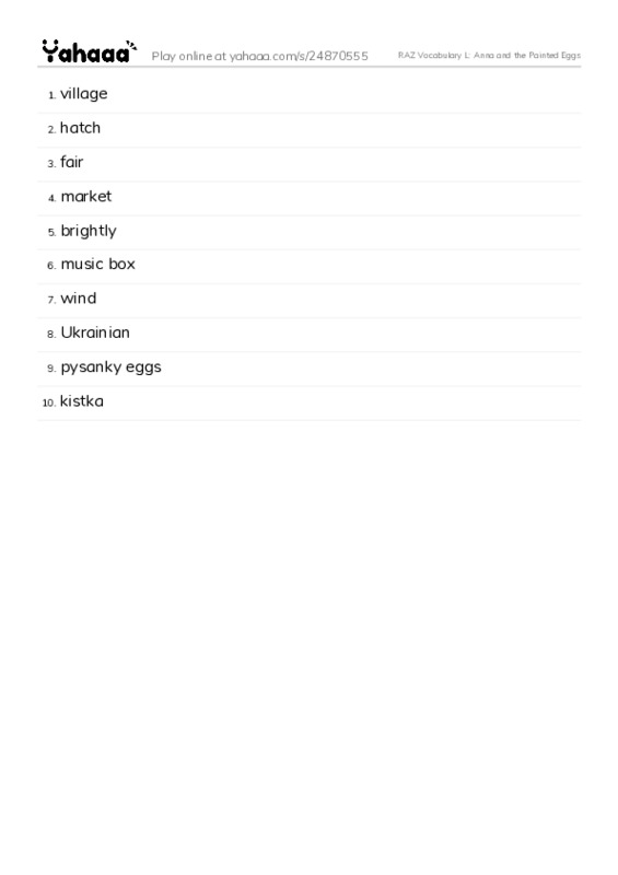 RAZ Vocabulary L: Anna and the Painted Eggs PDF words glossary