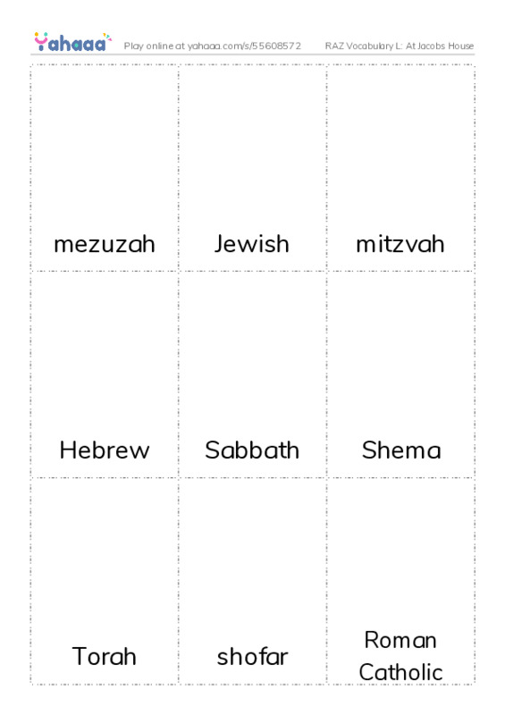 RAZ Vocabulary L: At Jacobs House PDF flaschards with images