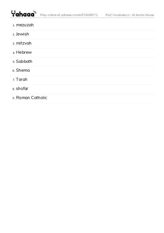 RAZ Vocabulary L: At Jacobs House PDF words glossary