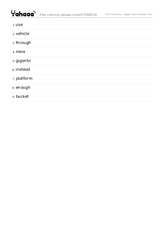 RAZ Vocabulary L: Bigger Than a Monster Truck PDF words glossary