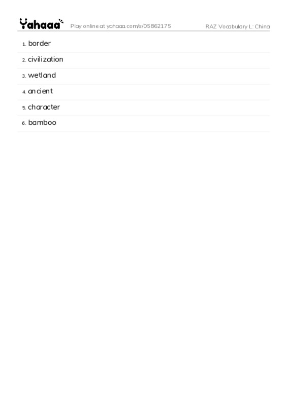 RAZ Vocabulary L: China PDF words glossary