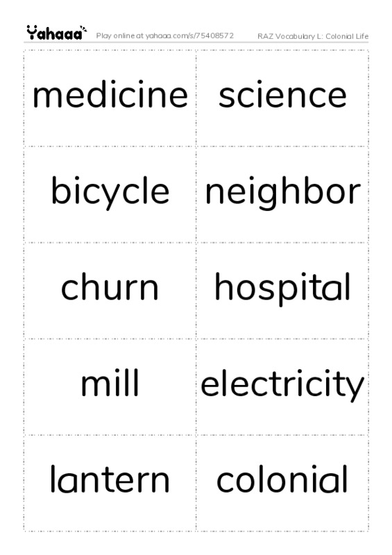 RAZ Vocabulary L: Colonial Life PDF two columns flashcards