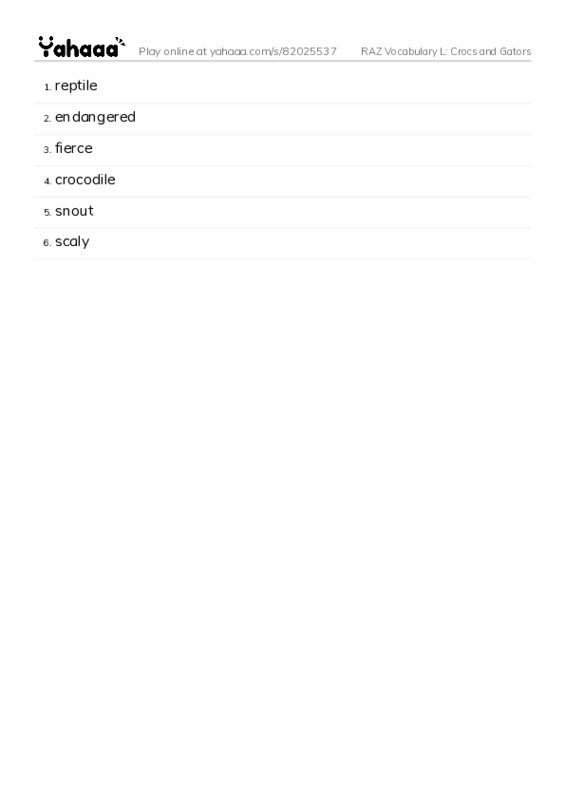 RAZ Vocabulary L: Crocs and Gators PDF words glossary