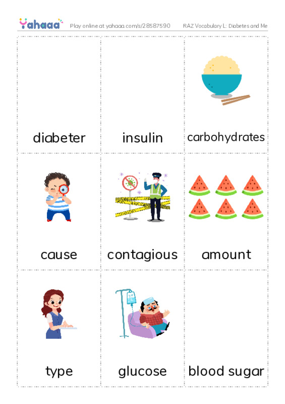 RAZ Vocabulary L: Diabetes and Me PDF flaschards with images