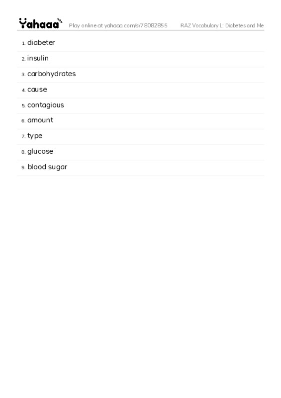 RAZ Vocabulary L: Diabetes and Me PDF words glossary