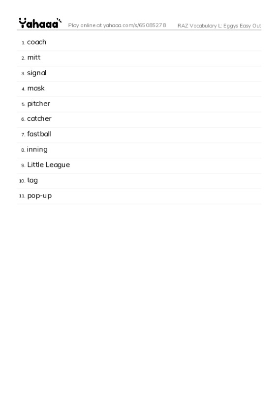 RAZ Vocabulary L: Eggys Easy Out PDF words glossary