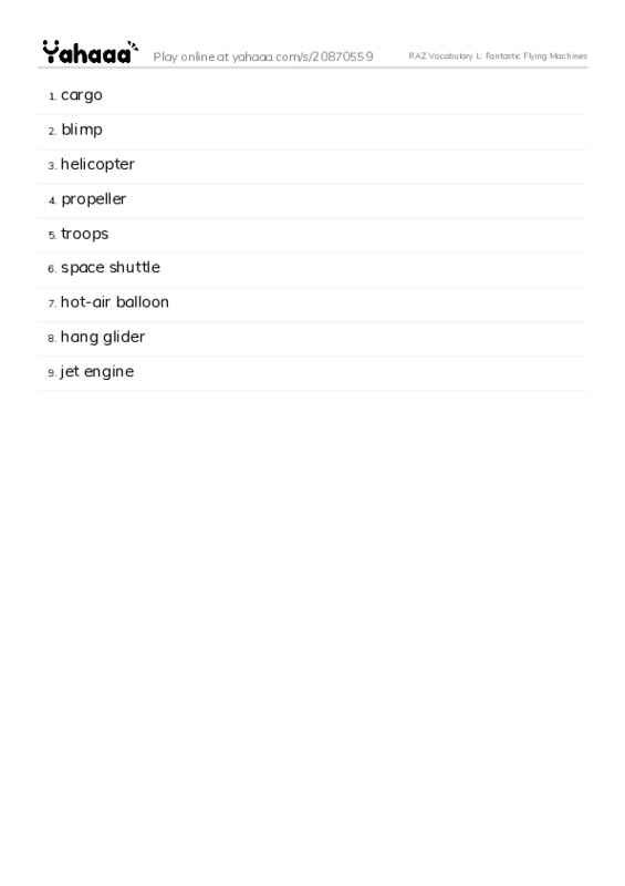 RAZ Vocabulary L: Fantastic Flying Machines PDF words glossary