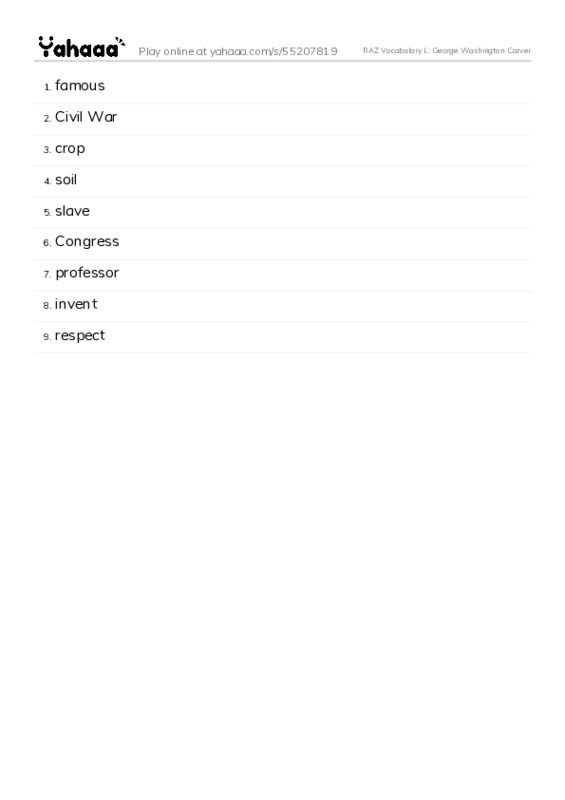 RAZ Vocabulary L: George Washington Carver PDF words glossary