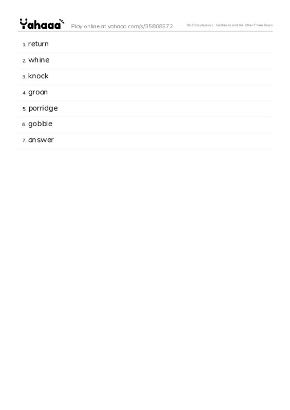 RAZ Vocabulary L: Goldilocks and the Other Three Bears PDF words glossary