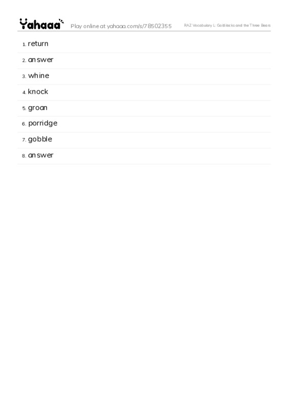 RAZ Vocabulary L: Goldilocks and the Three Bears PDF words glossary