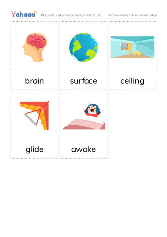 RAZ Vocabulary L: How Animals Sleep PDF flaschards with images
