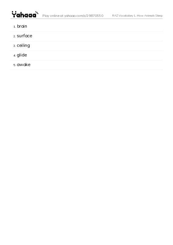 RAZ Vocabulary L: How Animals Sleep PDF words glossary