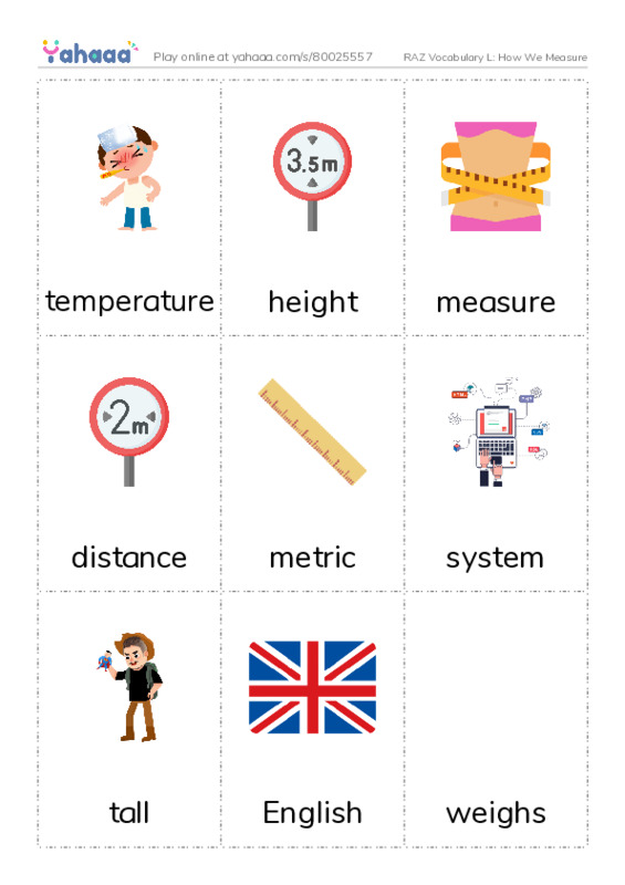 RAZ Vocabulary L: How We Measure PDF flaschards with images