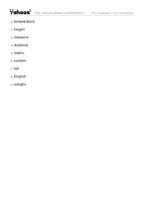 RAZ Vocabulary L: How We Measure PDF words glossary