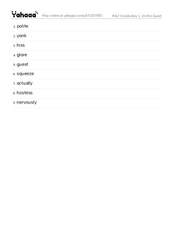 RAZ Vocabulary L: Im the Guest PDF words glossary