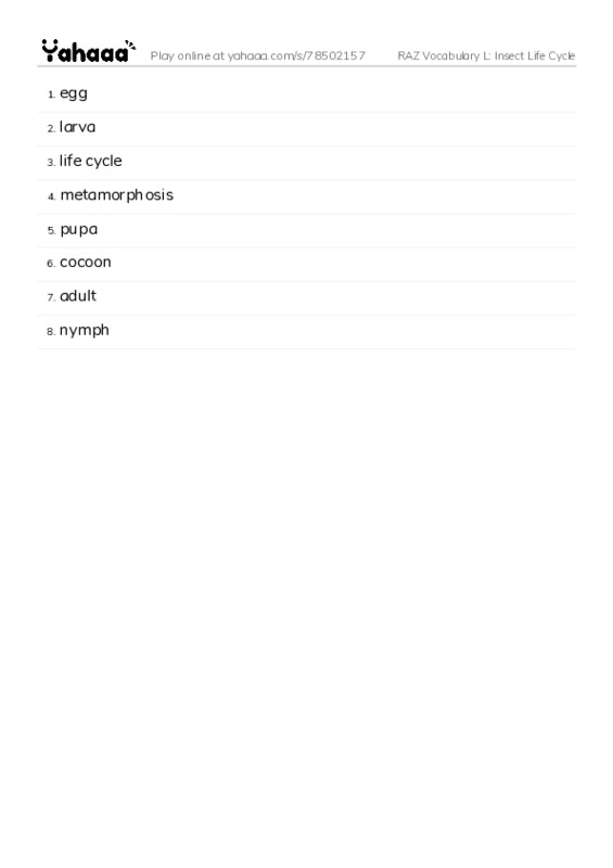 RAZ Vocabulary L: Insect Life Cycle PDF words glossary
