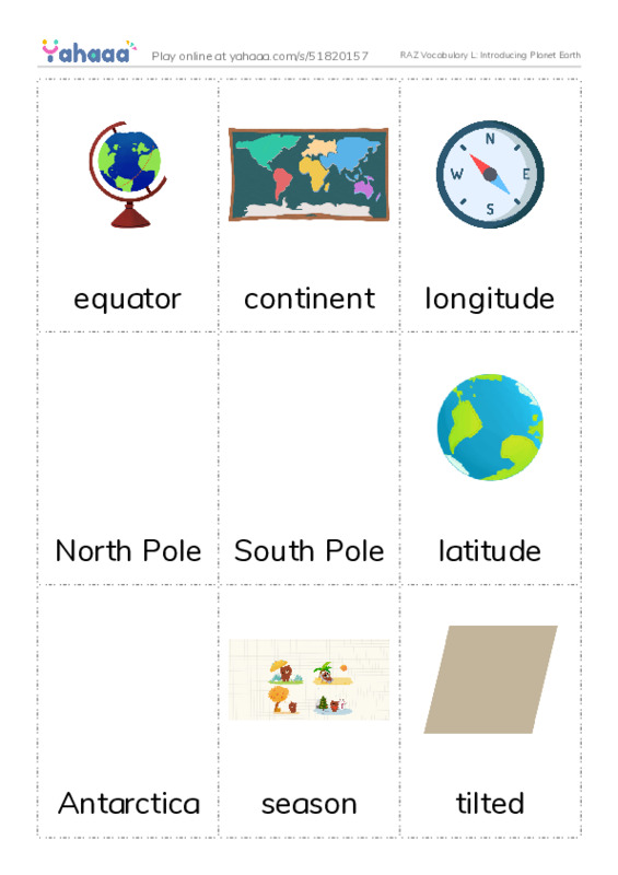 RAZ Vocabulary L: Introducing Planet Earth PDF flaschards with images